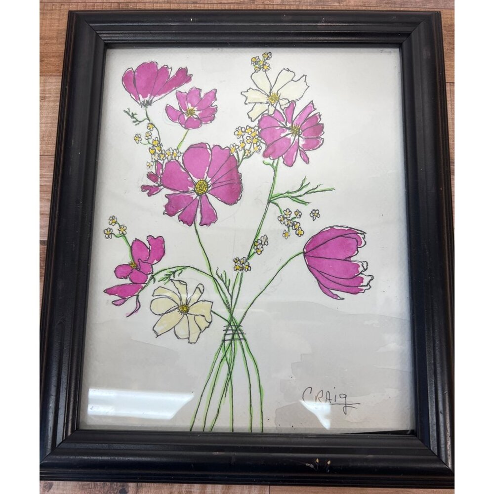 Hand-Drawn Floral Artwork In Black Frame By Craig